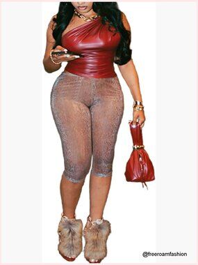 One Shoulder Faux Leather Crop Top and Snake Print Capri Pants Set